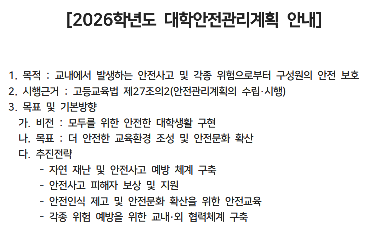 [2026학년도 대학안전관리계획 안내]

1. 목적 : 교내에서 발생하는 안전사고 및 각종 위험으로부터 구성원의 안전 보호
2. 시행근거 : 고등교육법 제27조의2(안전관리계획의 수립·시행)
3. 목표 및 기본방향
  가. 비전 : 모두를 위한 안전한 대학생활 구현
  나. 목표 : 더 안전한 교육환경 조성 및 안전문화 확산
  다. 추진전략
      - 자연 재난 및 안전사고 예방 체계 구축
      - 안전사고 피해자 보상 및 지원
      - 안전인식 제고 및 안전문화 확산을 위한 안전교육
      - 각종 위험 예방을 위한 교내·외 협력체계 구축
